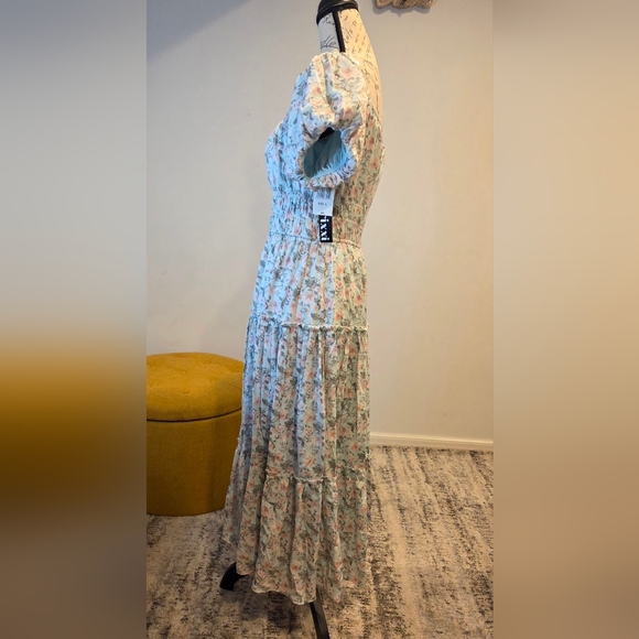 Trixxi Blue/ Aqua / Pink  Floral Puff Sleeve Maxi Dress, Size L. - Picture 6 of 15